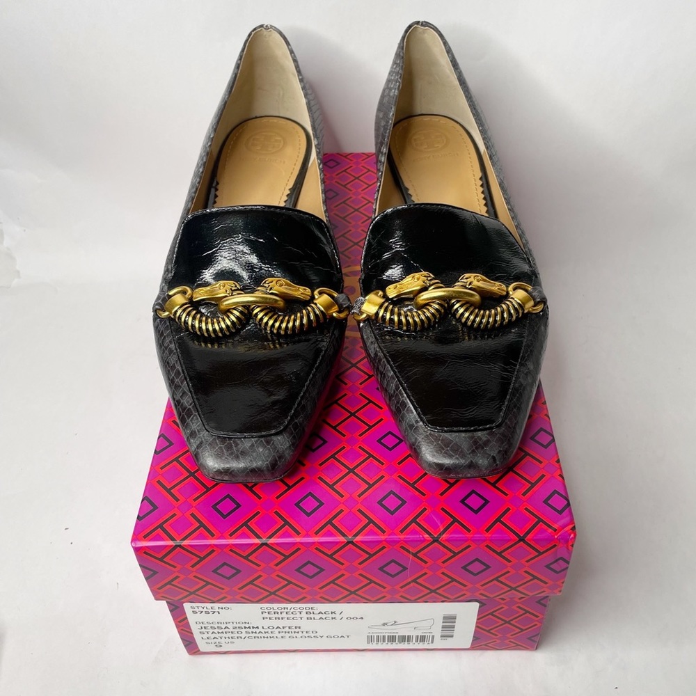 Tory Burch Jessa Two Tone Embossed Snakeskin Horse Bit Loafer Flat Size 9